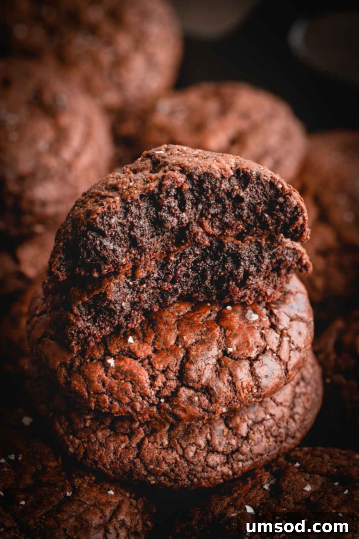 Simple Fudgy Brownie Cookies 3 A baked brownie cookie broken in half, revealing its fudgy, moist interior.