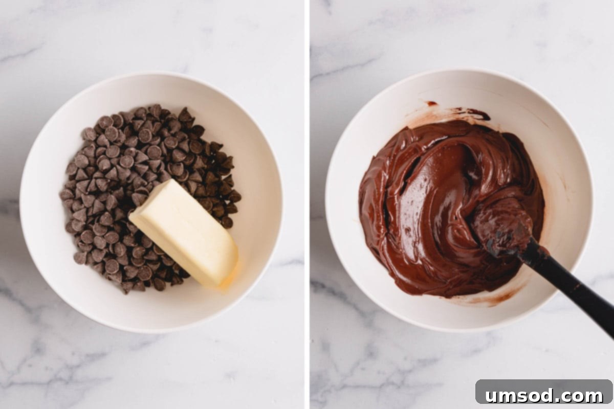 Simple Fudgy Brownie Cookies 5 Melted butter and chocolate in a bowl, then thoroughly stirred chocolate mixture.