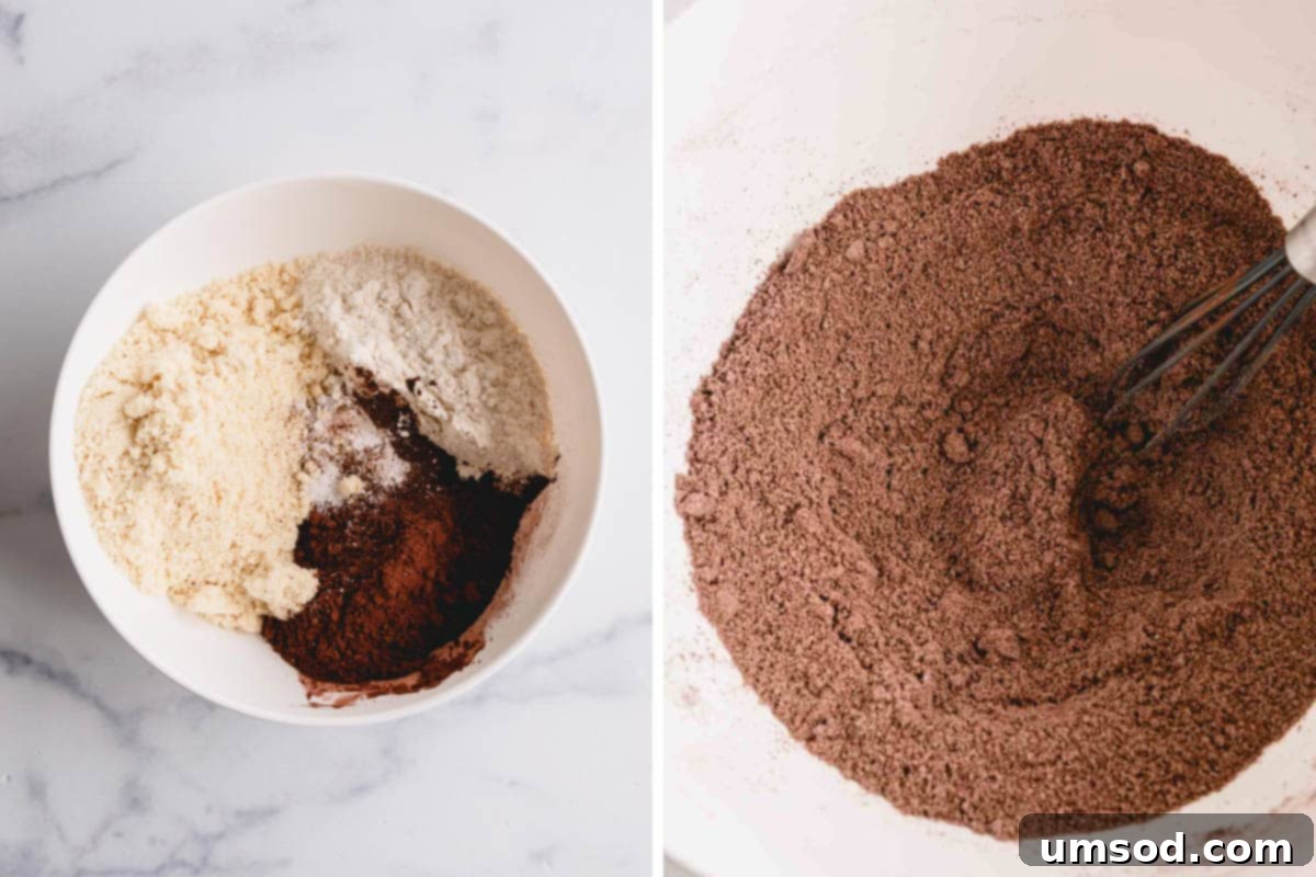 Simple Fudgy Brownie Cookies 6 A bowl containing almond flour, all-purpose flour, cocoa powder, and baking powder.