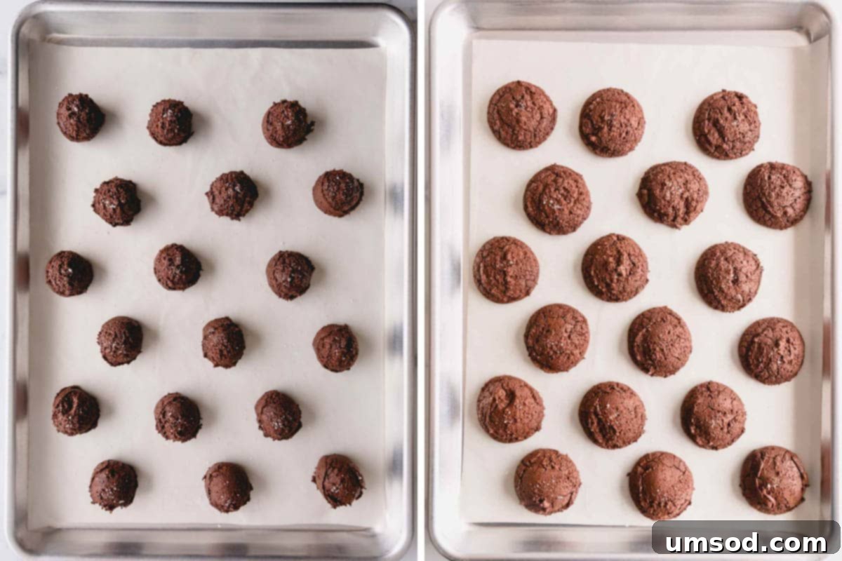 Simple Fudgy Brownie Cookies 9 Cookie dough balls on a baking sheet before baking, and a tray of freshly baked brownie cookies.