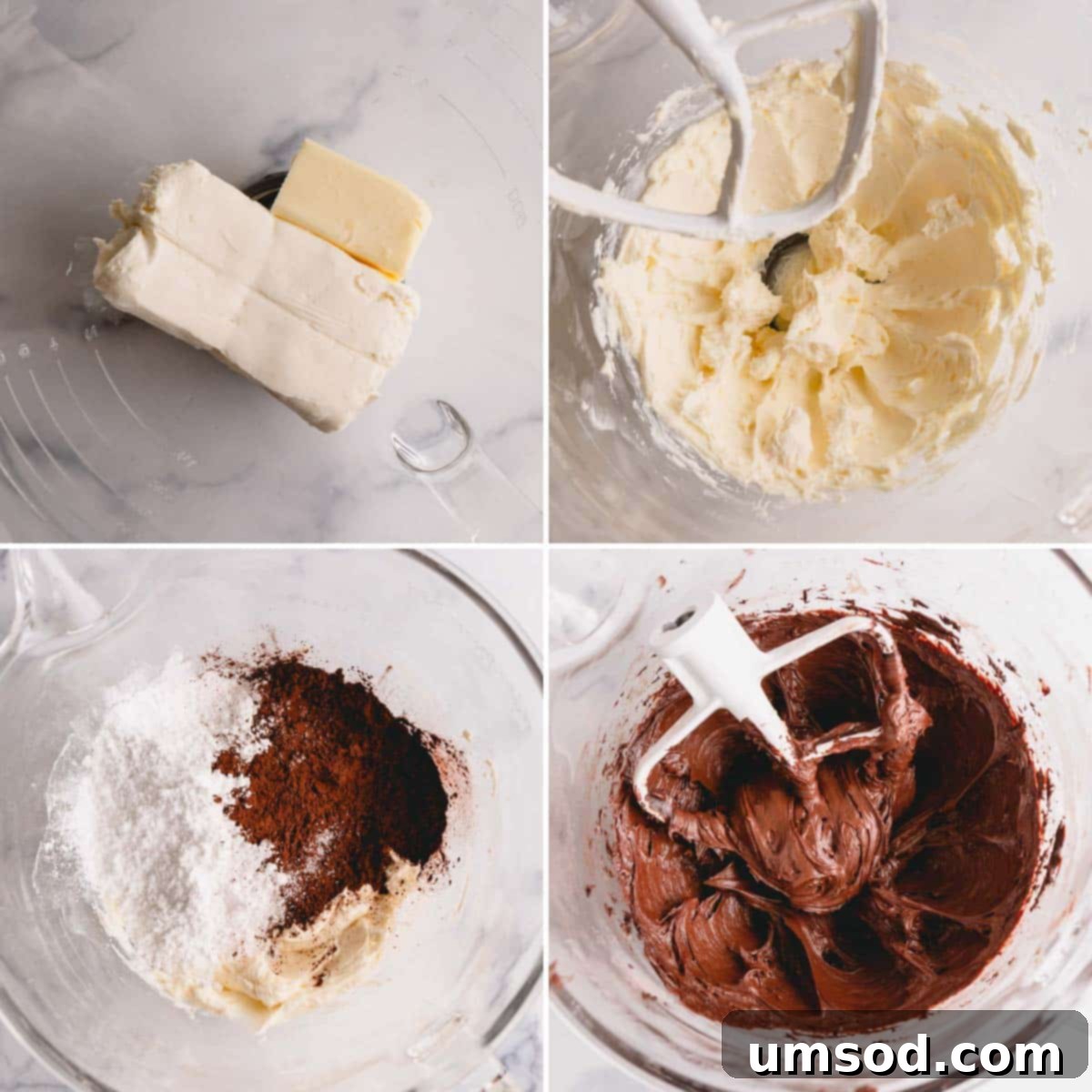 Mixing bowl with cream cheese and butter, then adding cocoa powder and powdered sugar for chocolate frosting.