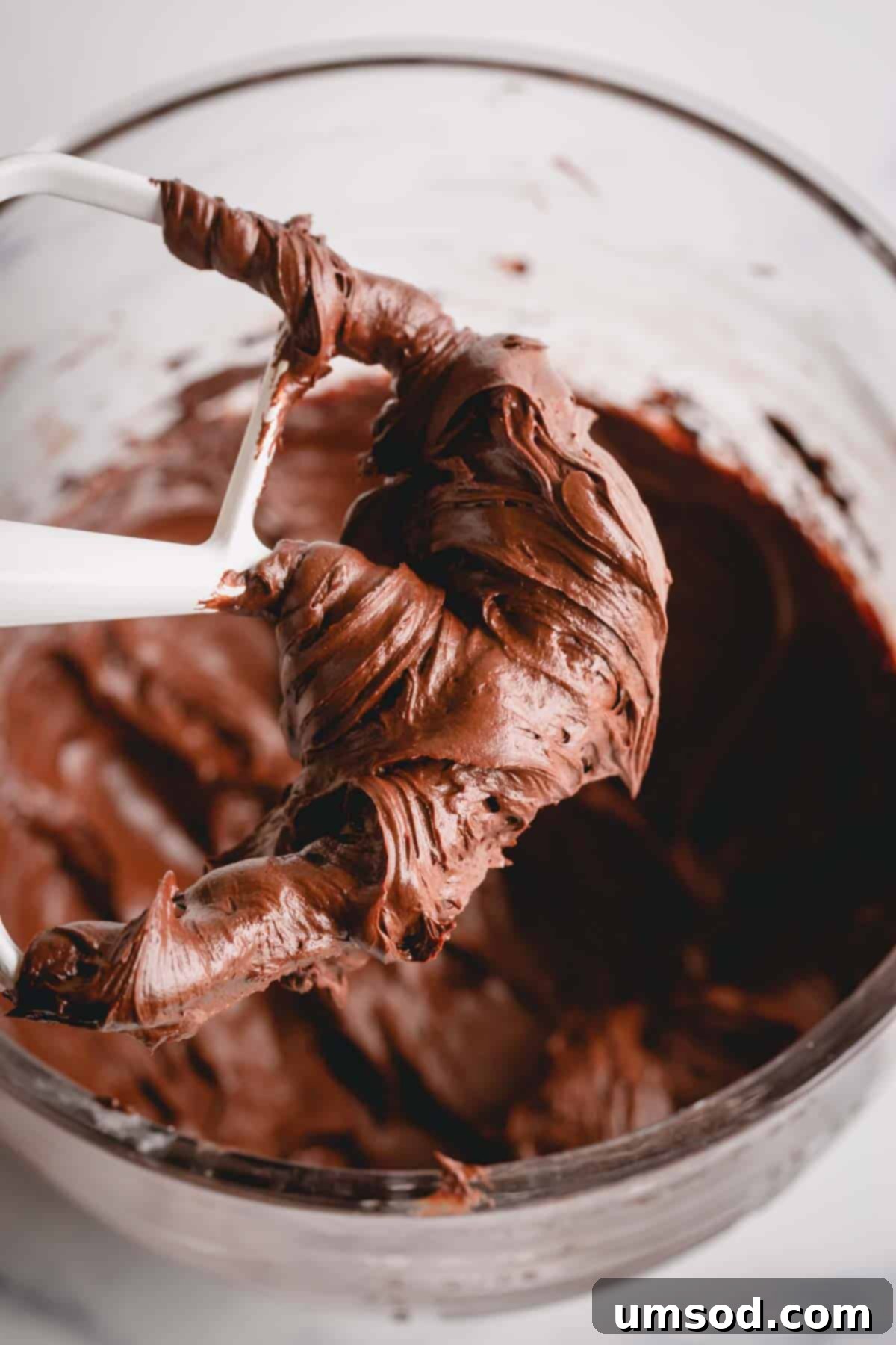 A paddle attachment from a stand mixer coated in luscious, freshly made chocolate cream cheese frosting.