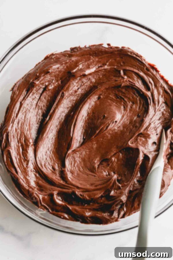 A bowl filled with rich, creamy chocolate cream cheese icing, ready for spreading or piping.