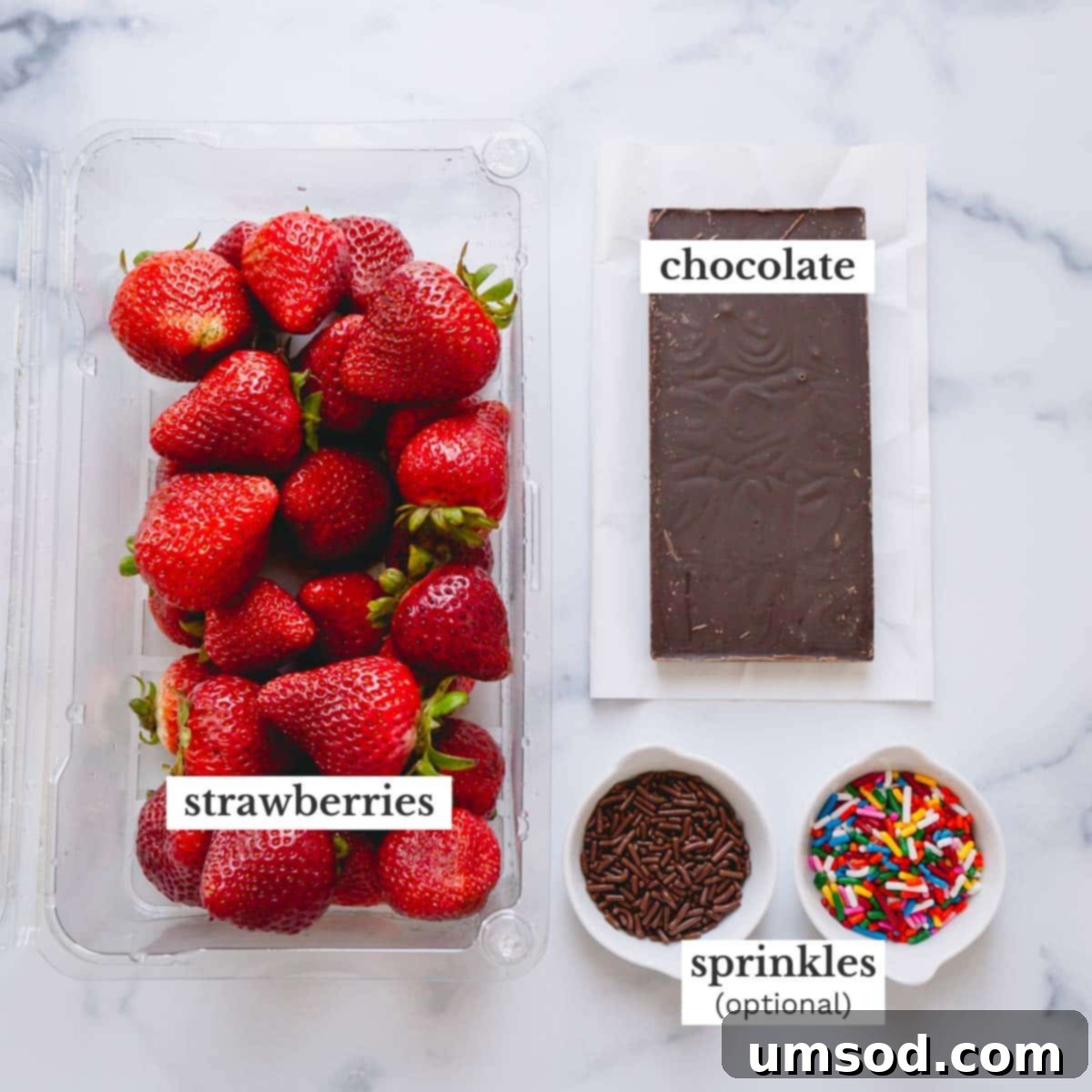 Chocolate, a bar of chocolate, a bowl of chocolate sprinkles, and a bowl of colorful sprinkles.