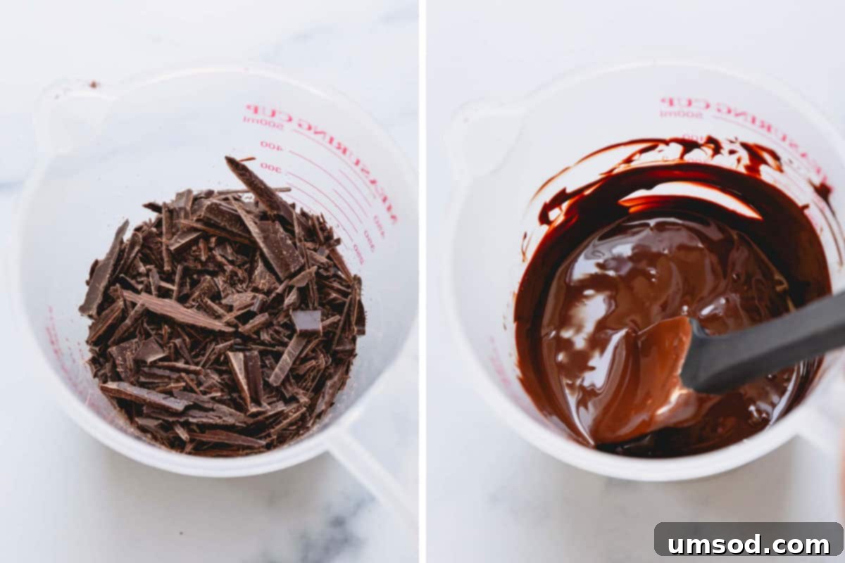A measuring cup full of chocolate pieces on the left and the same cup full of melted chocolate on the right.