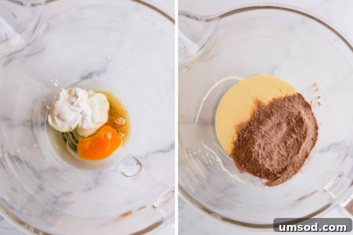 Two sequential images showing the wet ingredients for chocolate cupcakes being thoroughly combined in a stand mixer, followed by the addition of cocoa powder for the batter.