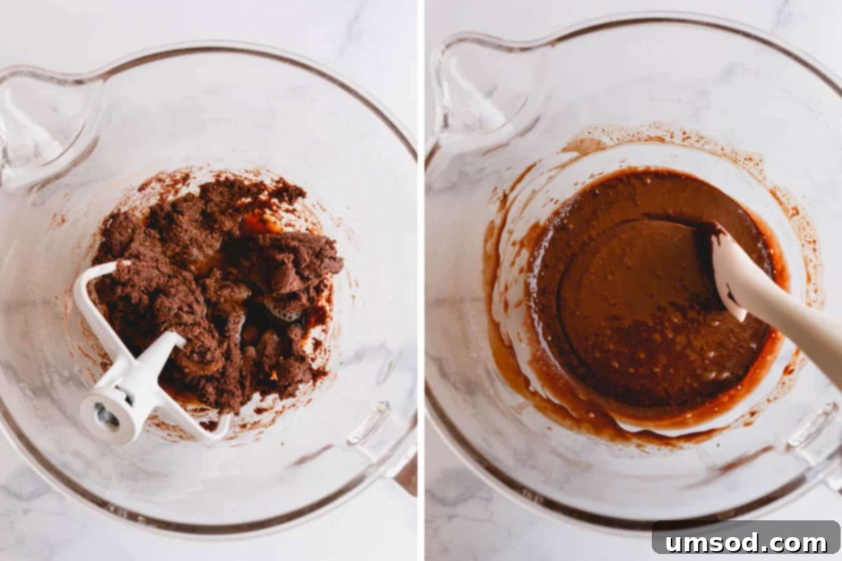 A two-shot process showing dry ingredients being added to wet ingredients in a mixer, then the combined chocolate cupcake batter forming a smooth consistency.