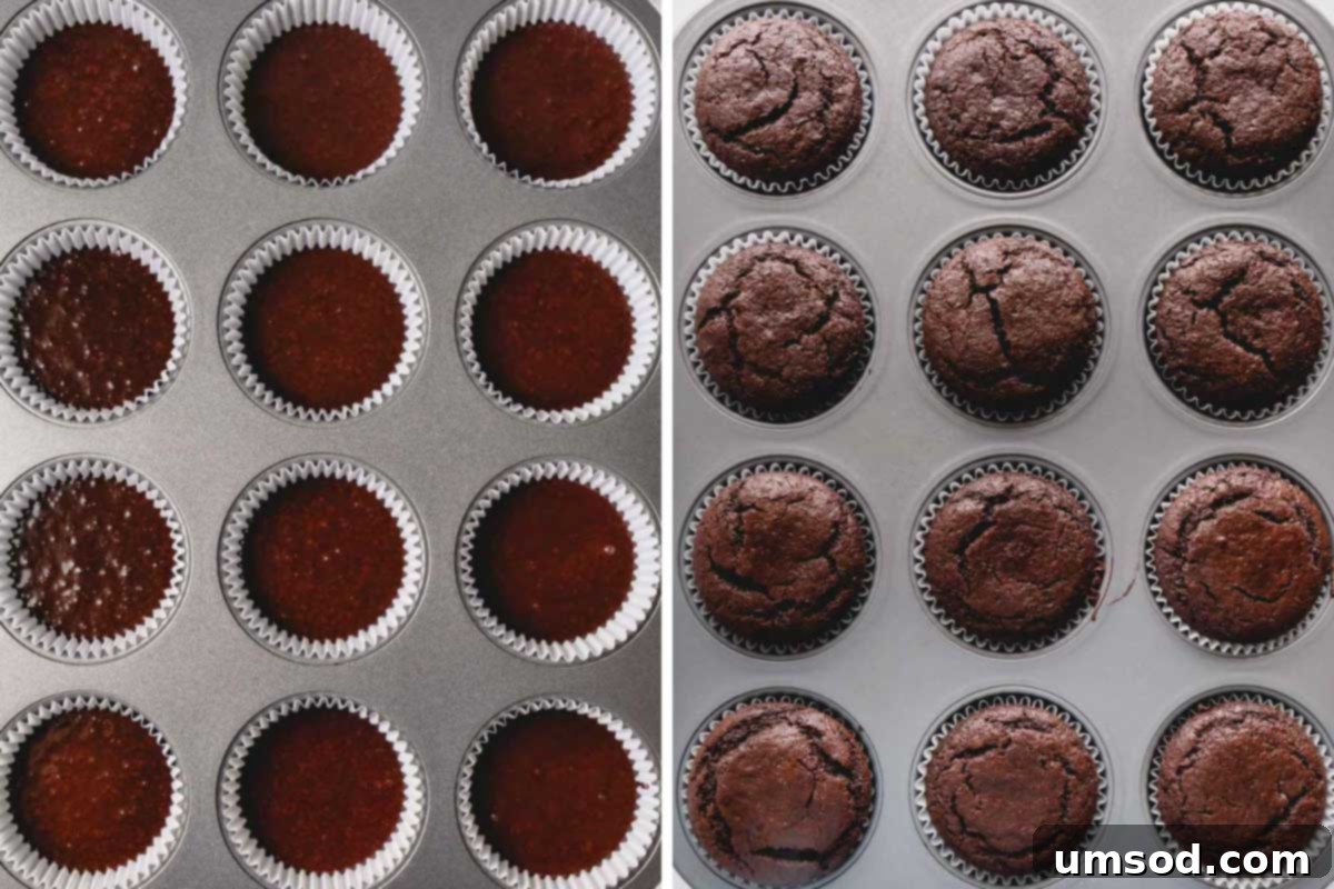 Side-by-side view: chocolate cupcake batter perfectly portioned in muffin cups, next to a fresh batch of baked ultimate chocolate cupcakes cooling in the pan.