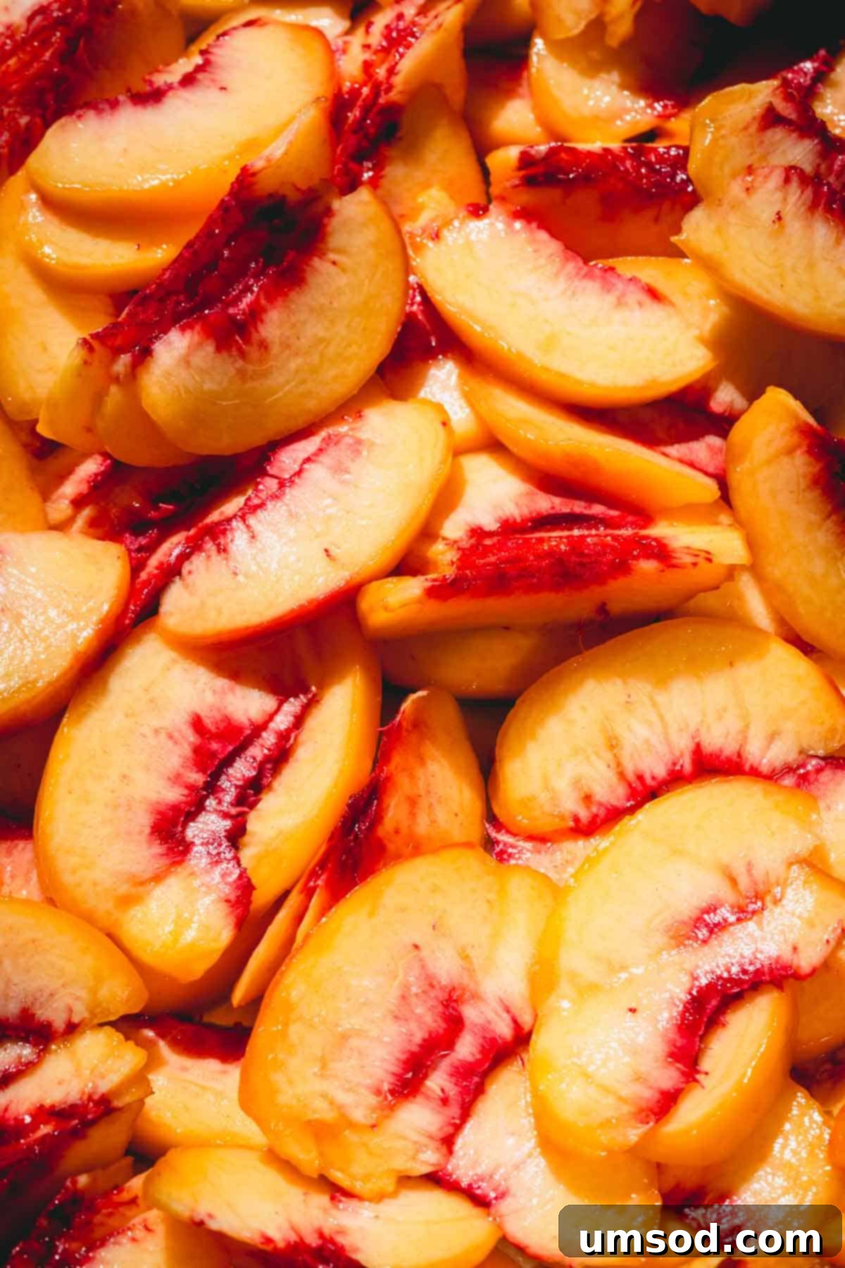 Close-up image of perfectly sliced peach segments, ready for the dehydrator.