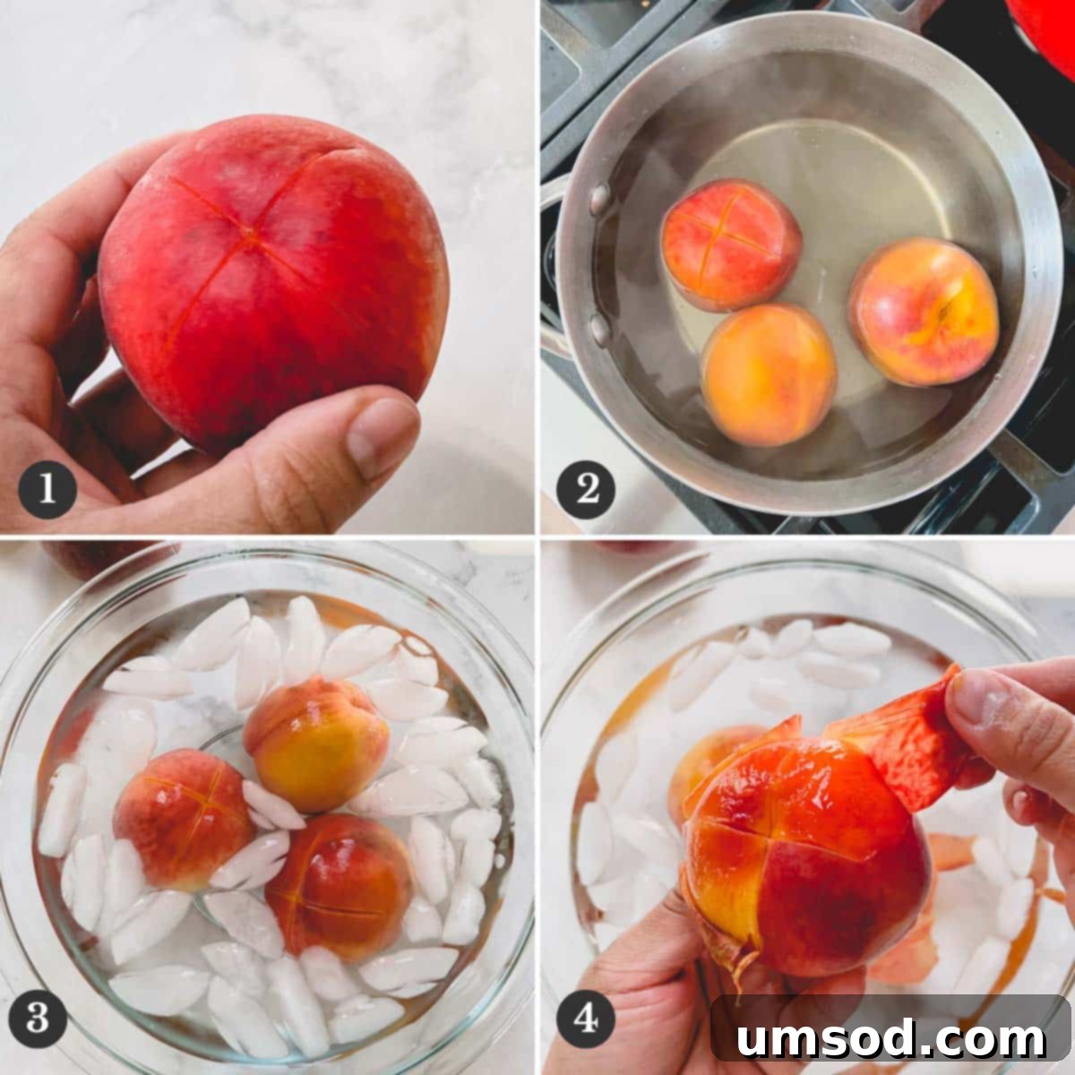Step-by-step images illustrating the blanching and ice bath method for peeling peaches.