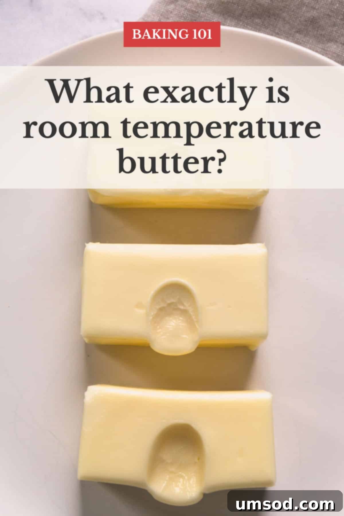 Room Temperature Butter: What You Need To Know 2 A white plate with 3 half-stick butters with finger intendations to indicate the softness of each butter.