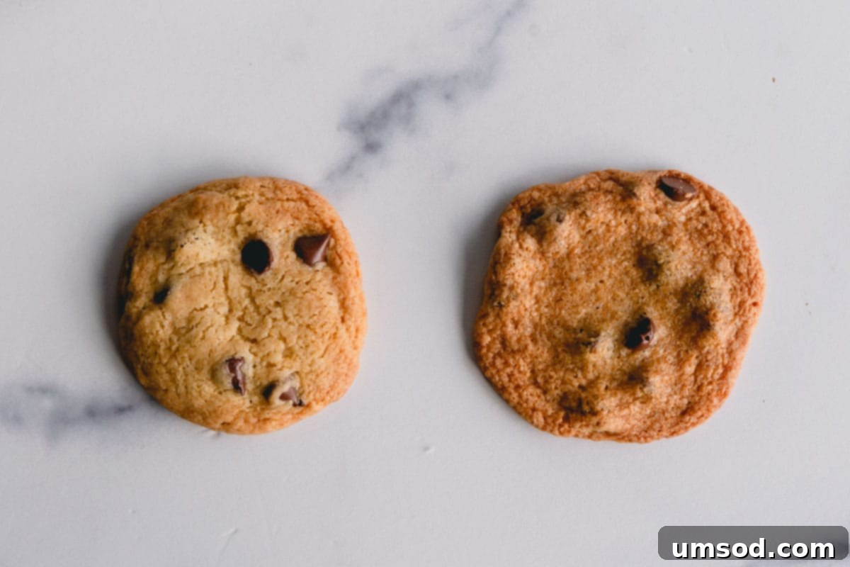 Room Temperature Butter: What You Need To Know 3 A thick chocolate chip cookie and thin, crispy chocolate chip cookies side by side.