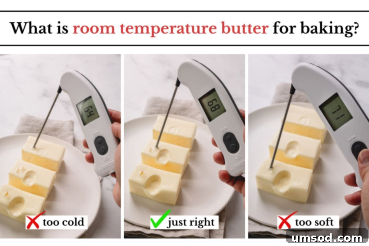 Room Temperature Butter: What You Need To Know 4 3 side by side images of butter with different temperature on an instant thermometer.
