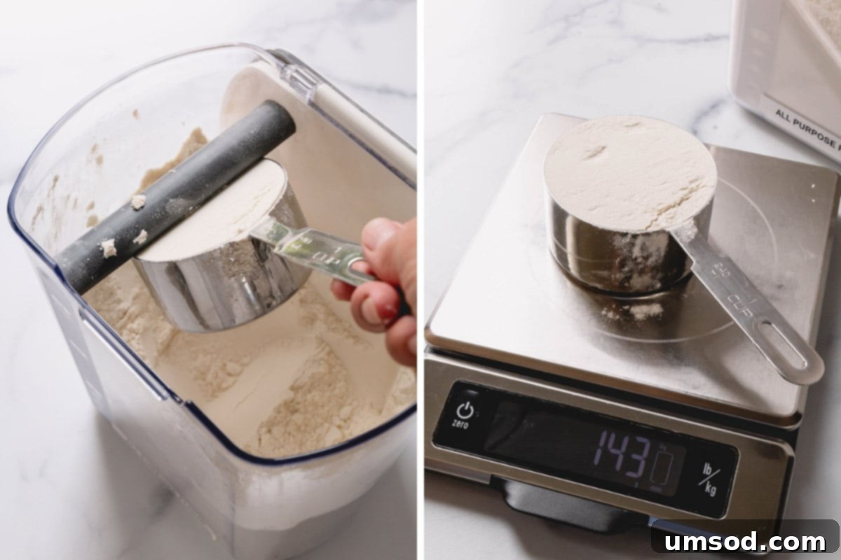 The Art of Measuring Flour 3 Side-by-side images illustrating the difference between scooping flour directly and properly leveling it in a measuring cup.