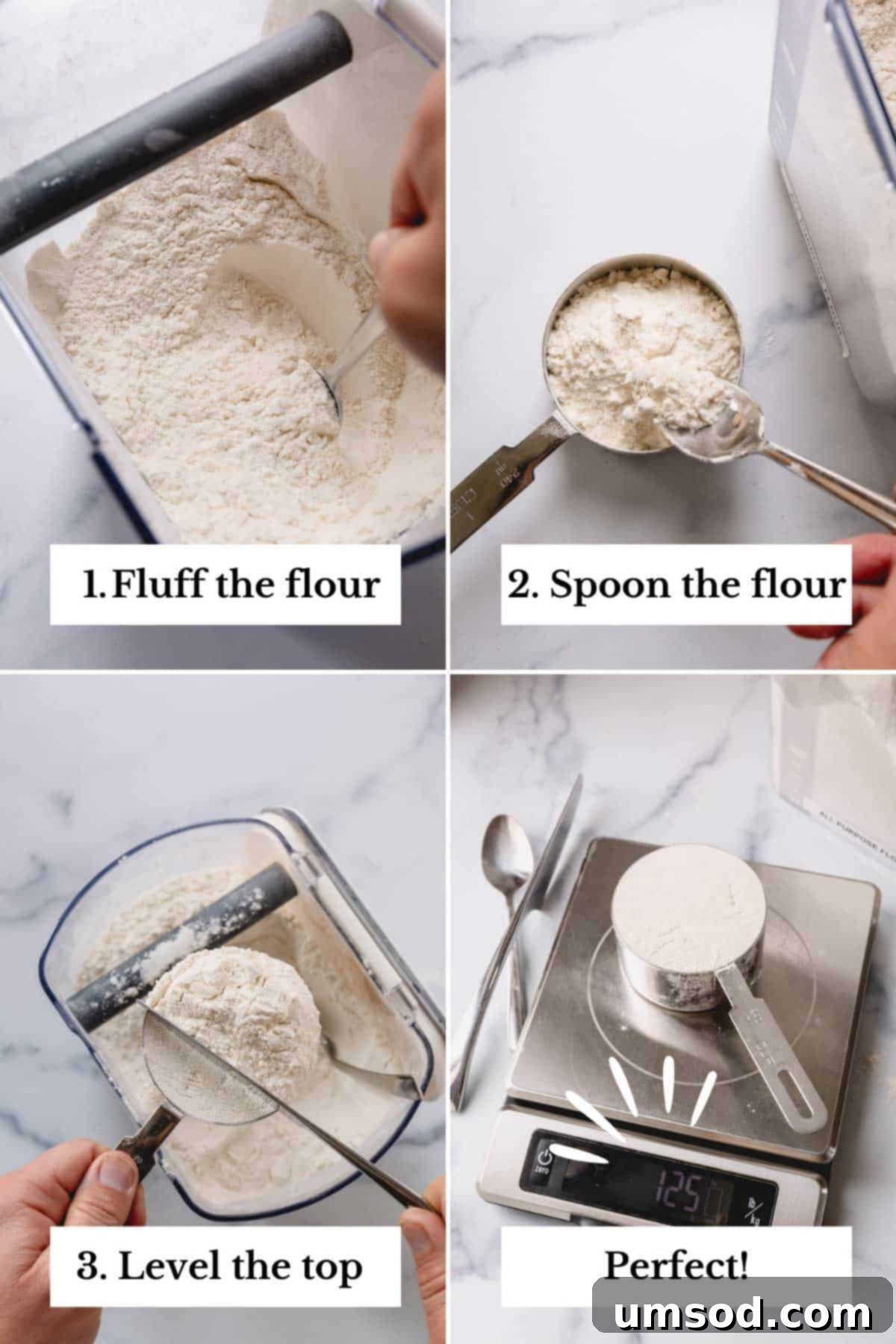 The Art of Measuring Flour 5 A four-image collage demonstrating the step-by-step process of fluffing, spooning, and leveling flour into a 1-cup measuring cup with a butter knife.
