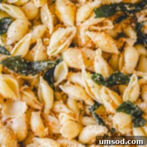 Close up image of brown butter pasta with sage and breadcrumbs.