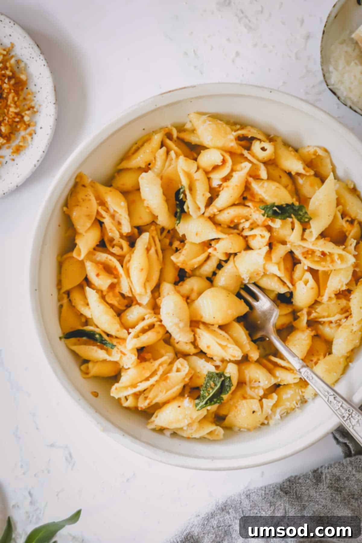 A beautifully presented bowl of brown butter pasta with a fork sticking out, ready to be enjoyed.