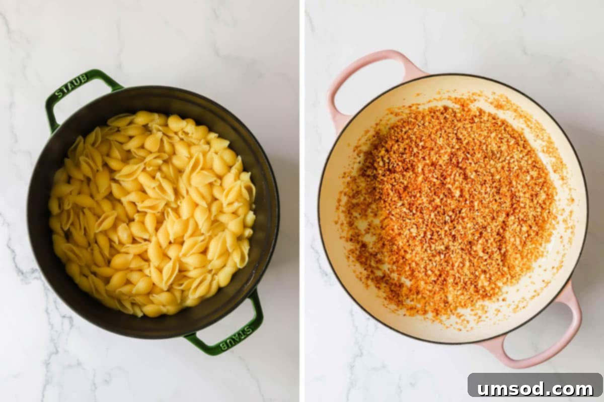Two images showing cooked pasta shells and toasted breadcrumbs, highlighting key preparation stages.