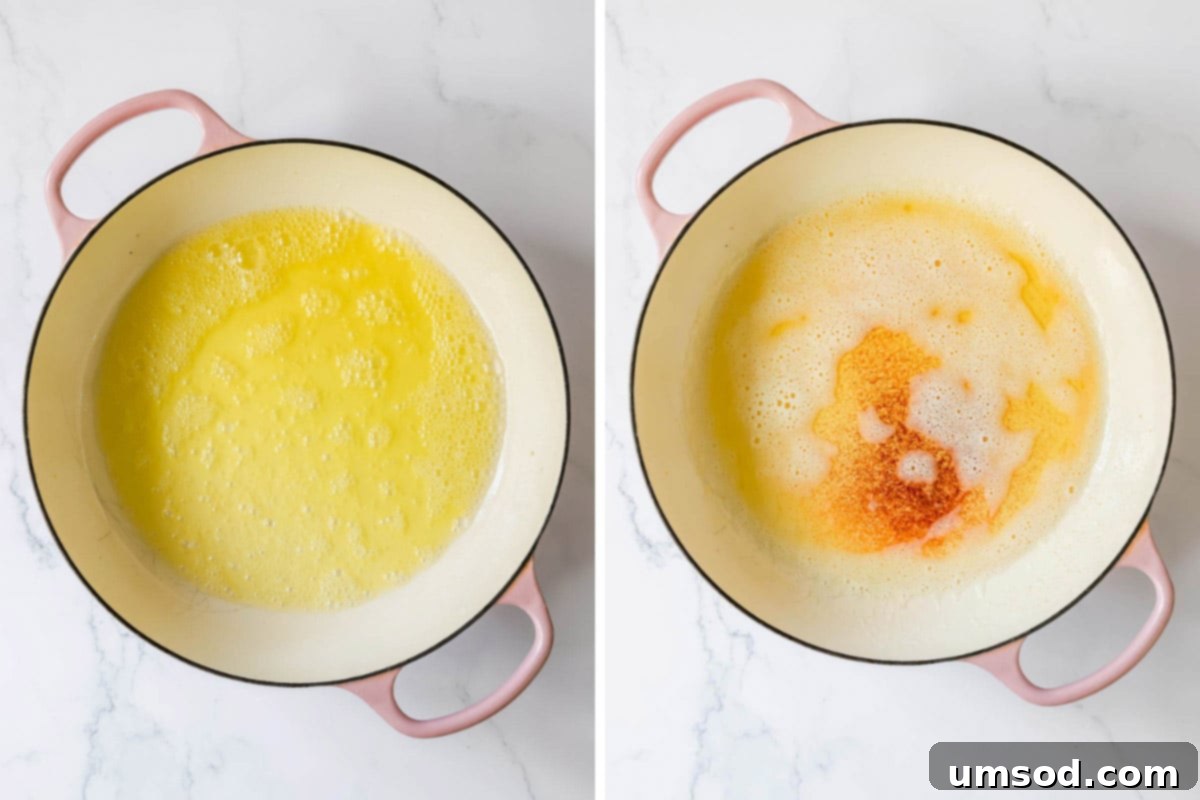 Two images showing the precise process of creating rich brown butter, from melting to browning.