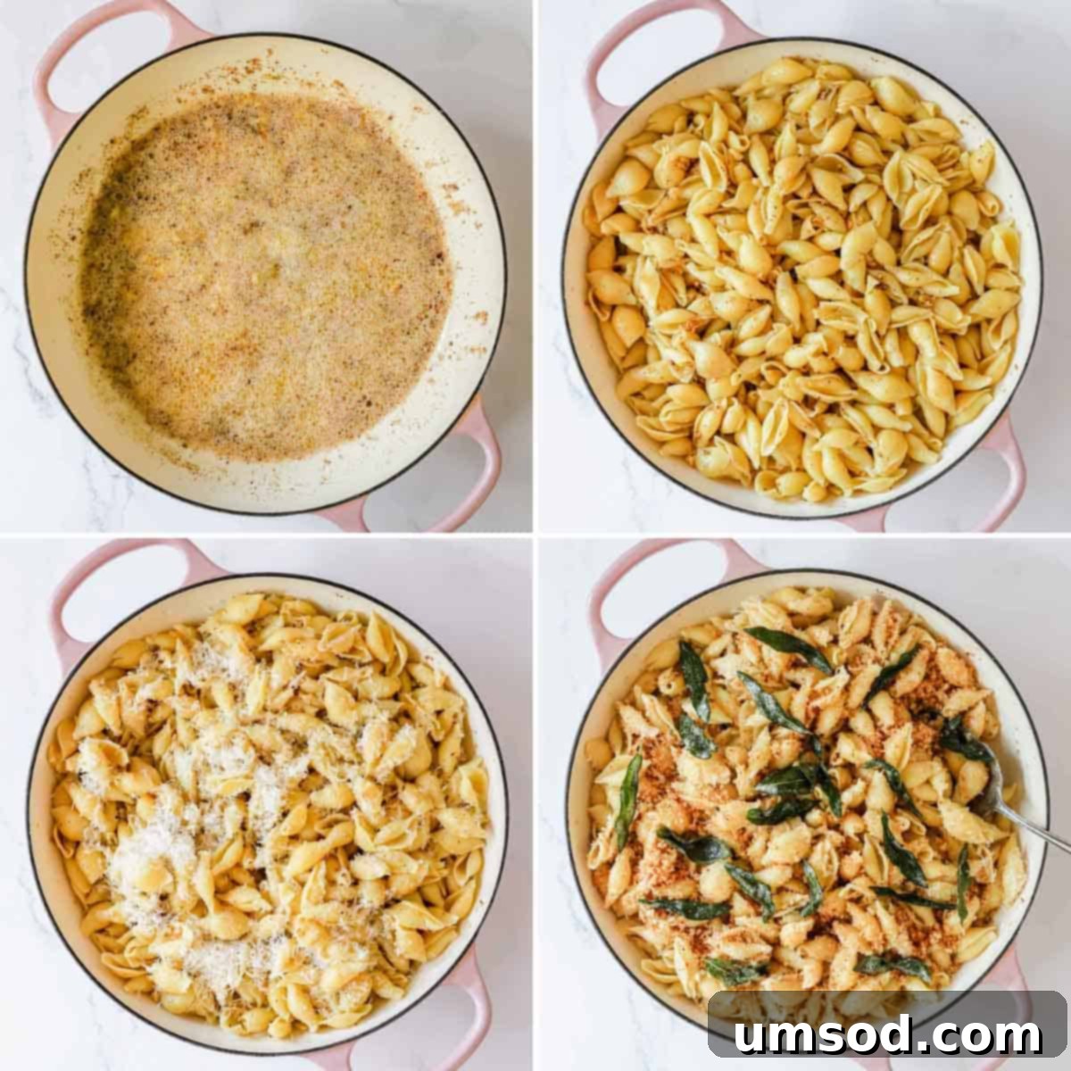 Four images demonstrating the final steps of creating brown butter pasta with breadcrumbs, parmesan, and sage.
