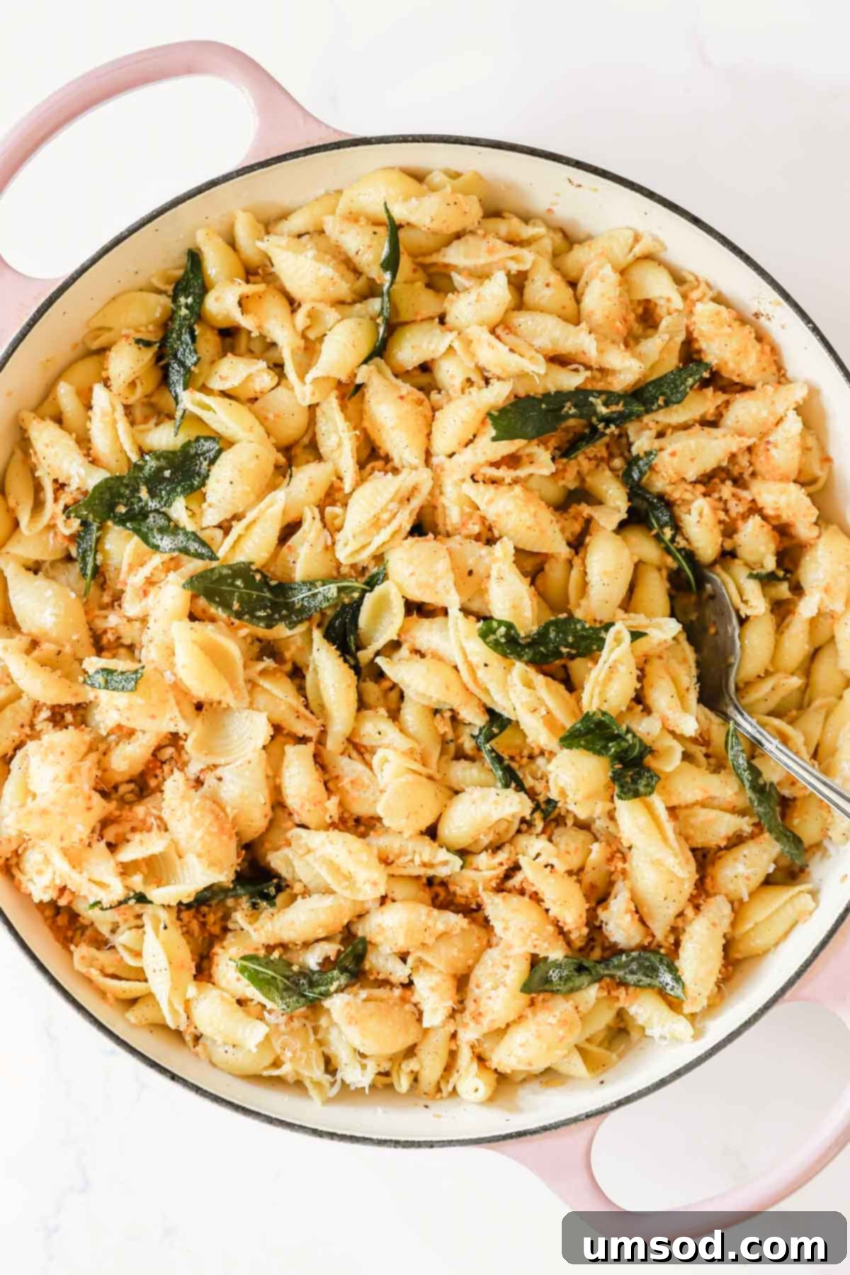 Overhead image of a large pot of brown butter pasta, showcasing the abundance and inviting presentation.