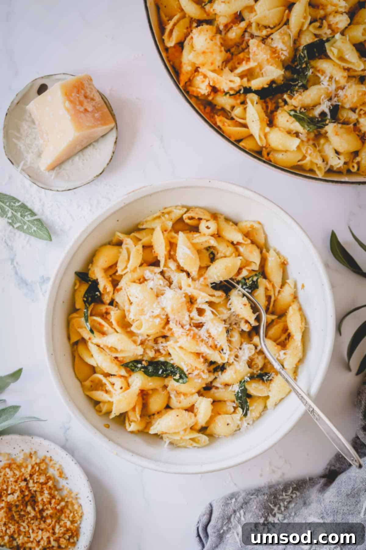 A bowl of brown butter pasta topped with parmesan cheese, with a fork gently picking up some strands.