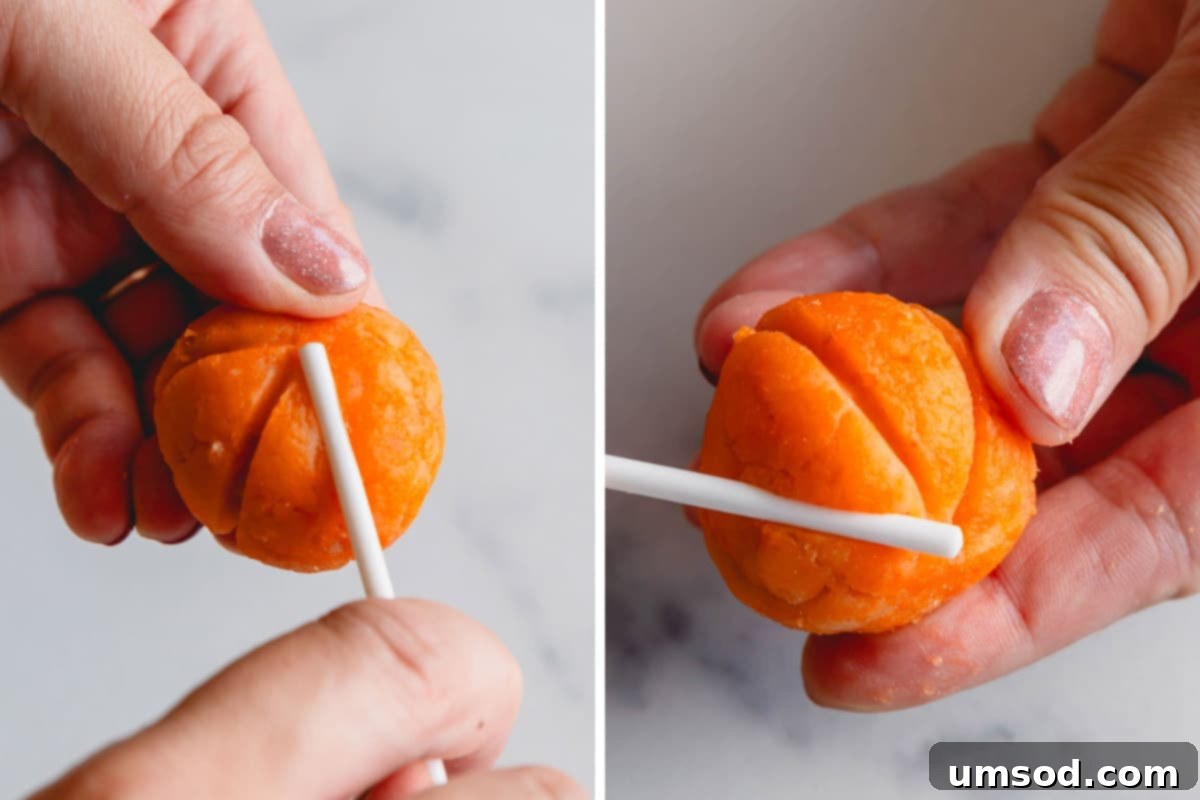 Ghoulishly Good Cake Pops 6 Two images demonstrating the process of creating grooves in an orange cake pop ball to resemble a pumpkin.