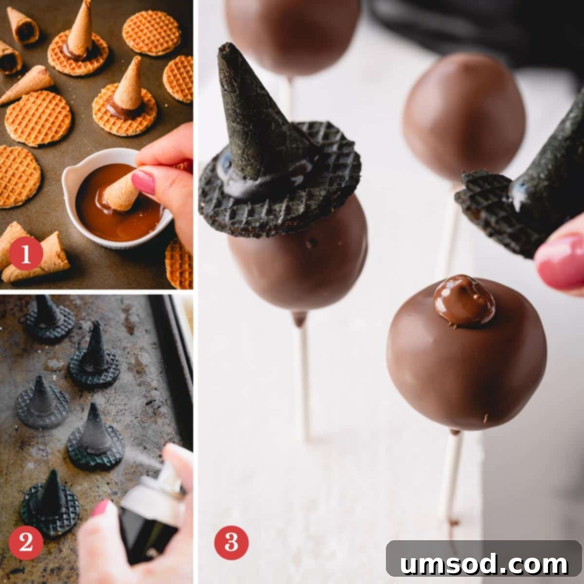 Ghoulishly Good Cake Pops 10 Three images showing the detailed process of assembling chocolate cake pops with miniature witches' hats.