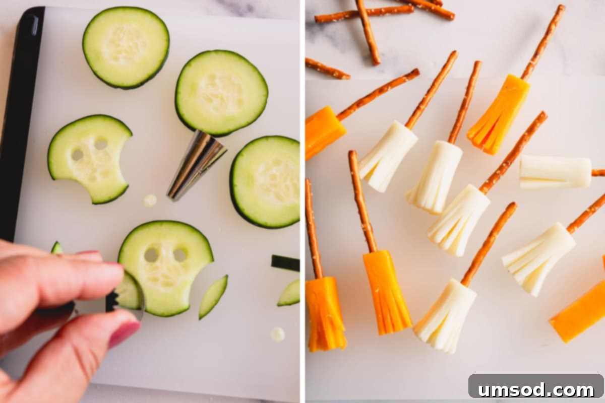 Two sequential images illustrating the process of making intricate cucumber skulls and playful cheese broomsticks for a Halloween snack board.