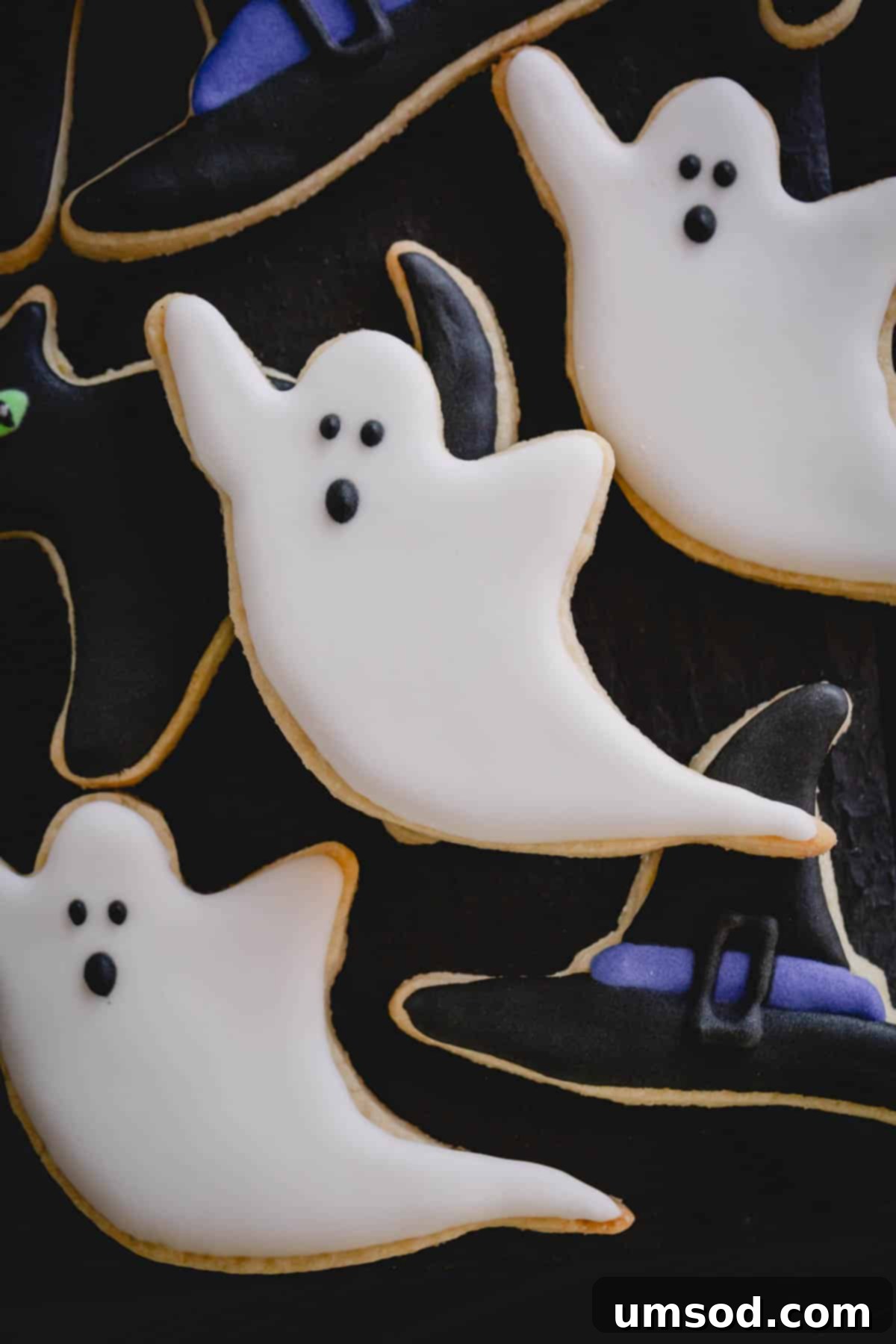 Close up image of ghost Halloween sugar cookies.