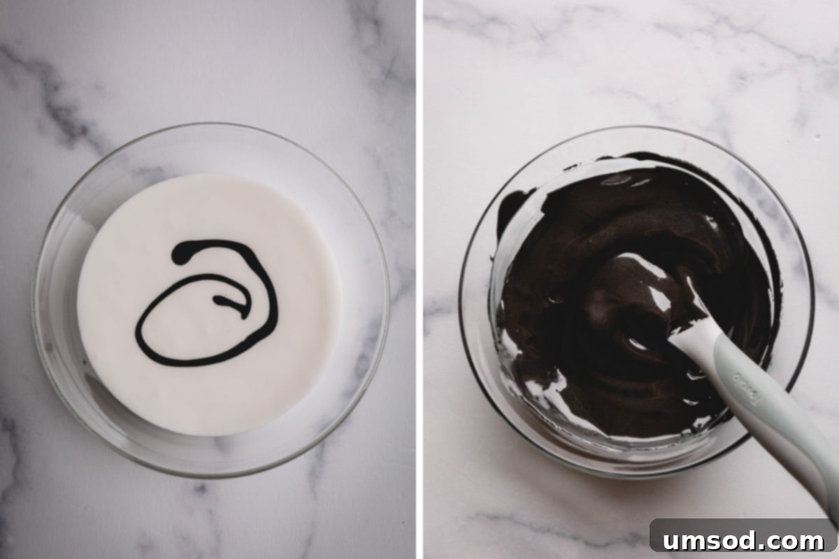 Two images showing the process of dying sugar cookie icing black.