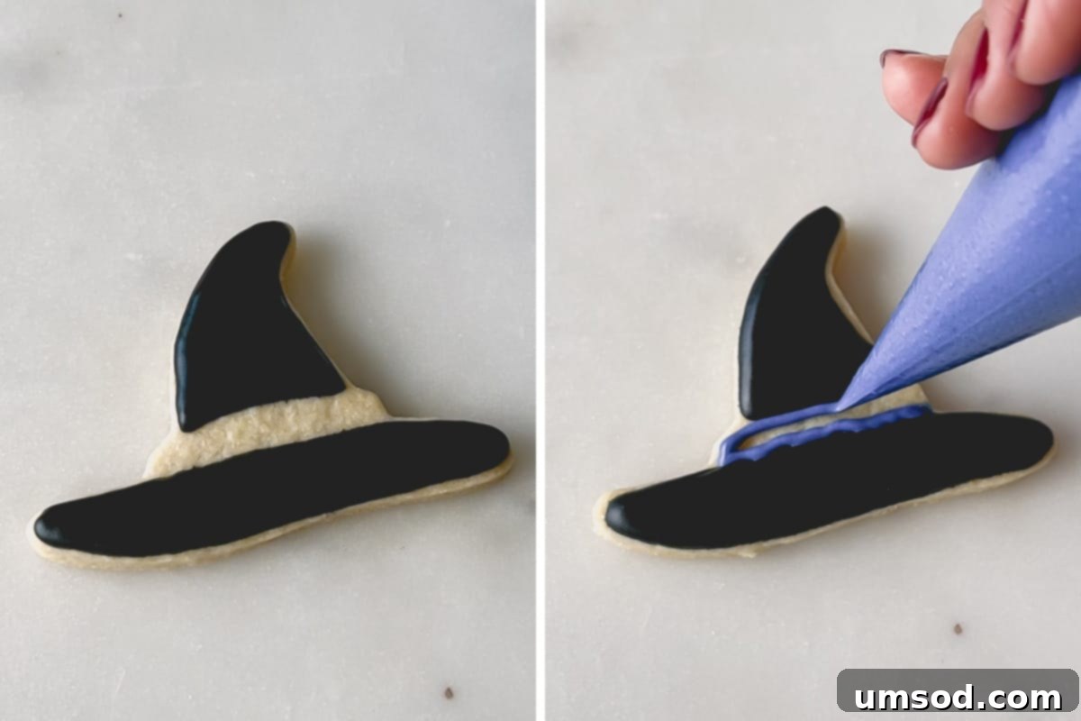 Two images showing the process of adding a purple ribbon to a Halloween sugar cookie witch hat.