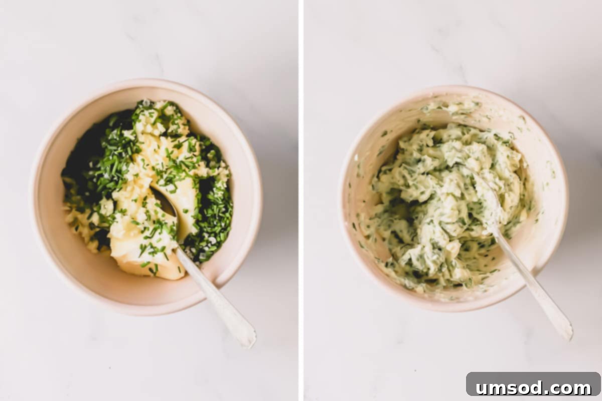 Perfect Garlic Bread in Minutes 5 Two images showing butter being mixed with herbs and garlic in a bowl.