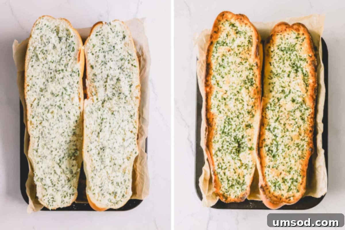 Perfect Garlic Bread in Minutes 6 Two images showing two halves of French bread topped with garlic butter one unbaked and the other baked.