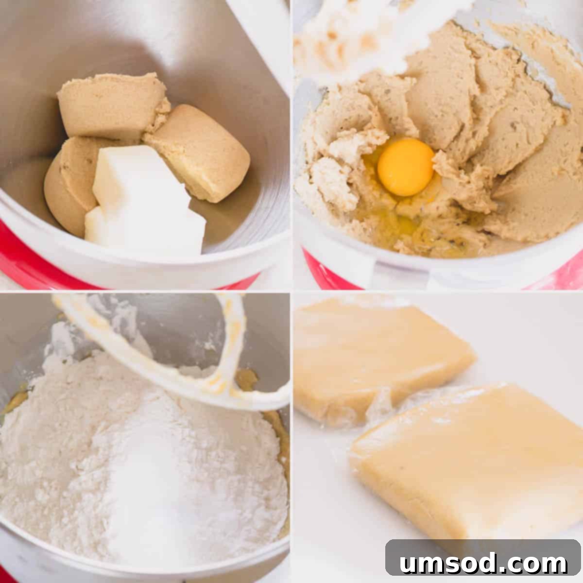 A 4-image collage showing the process of mixing cookie dough in a stand mixer, from creaming butter and sugar to adding eggs and flour.