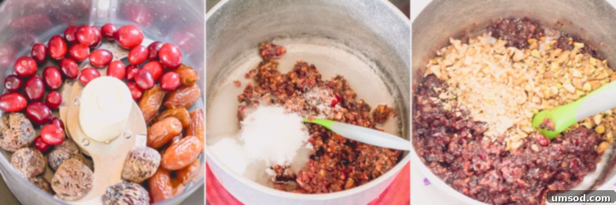 A 3-image collage depicting the process of making the fruit and nut filling, from processing ingredients to cooking and adding nuts.