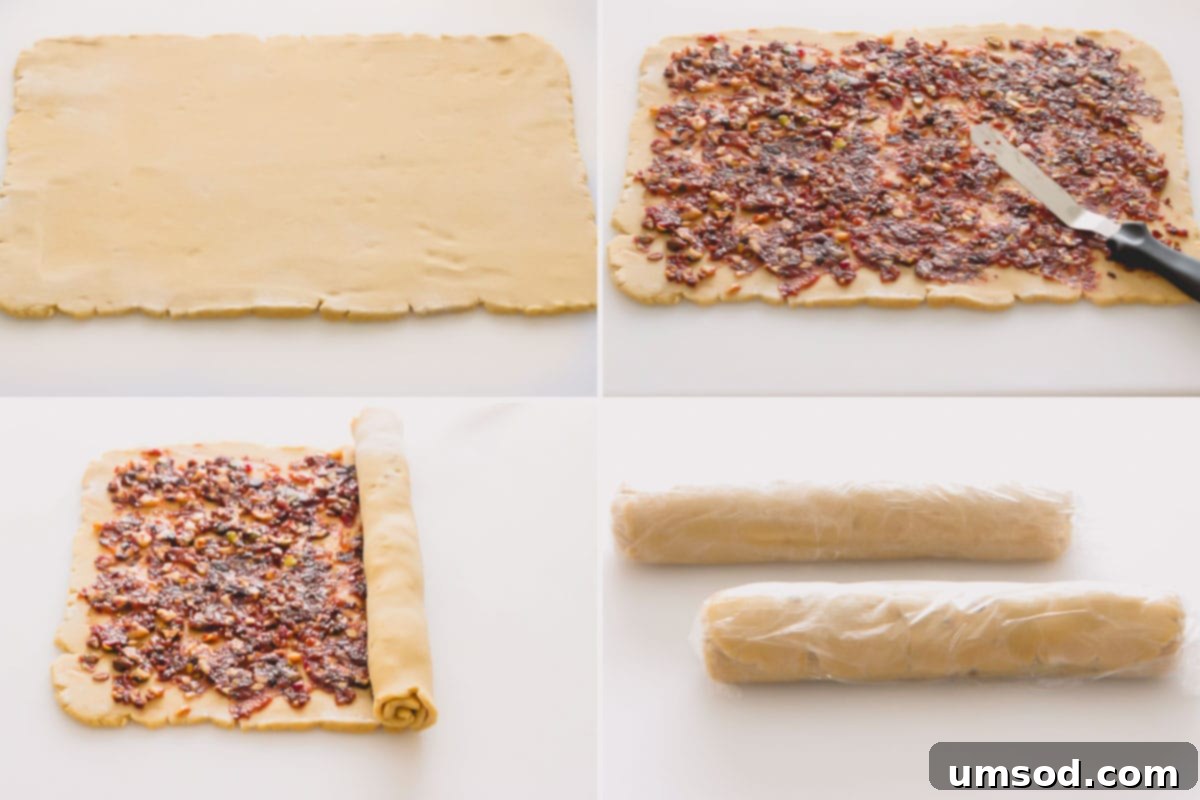 A 4-image collage demonstrating the assembly of pinwheel cookies, from rolling dough to spreading filling and forming logs.