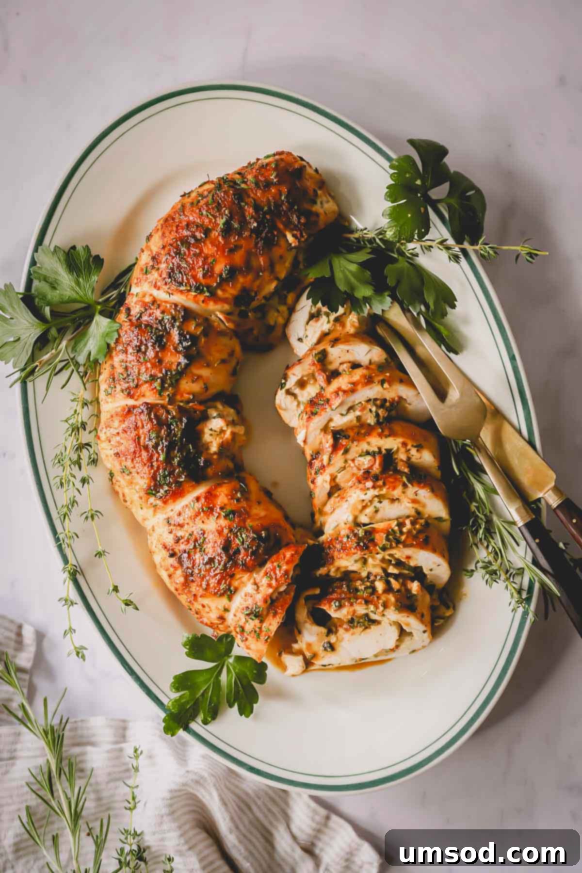 Overhead image of a beautifully sliced stuffed turkey breast on a festive serving platter, showcasing the rich filling.