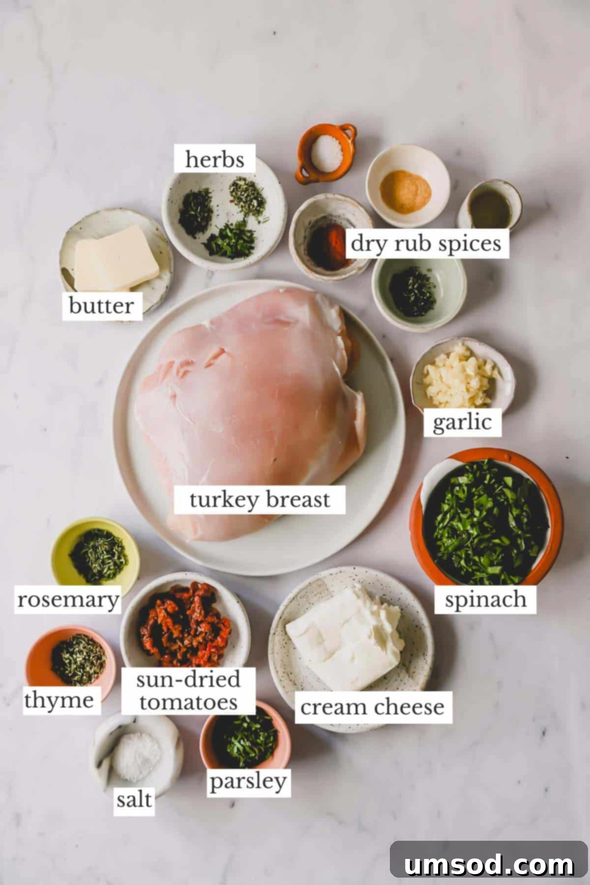 A visual display of all the fresh ingredients required to prepare the stuffed turkey, neatly arranged on a counter.