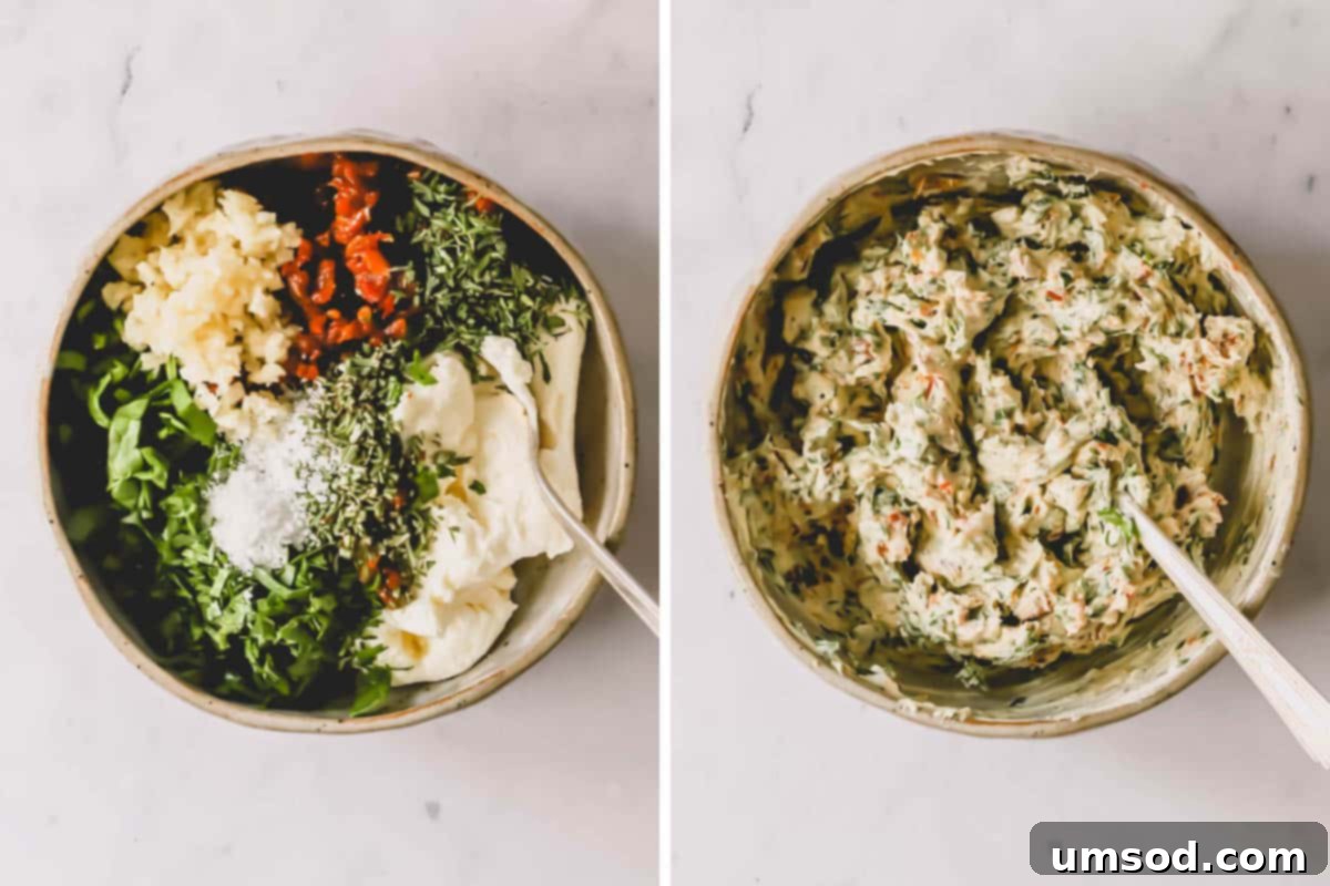 Two sequential images demonstrating the process of mixing cream cheese, spinach, sun-dried tomatoes, and herbs for the turkey filling in a bowl.