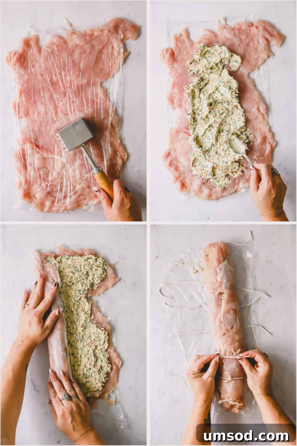 Four illustrative images showing the detailed steps of butterflying, pounding, spreading the filling, and rolling the turkey breast.