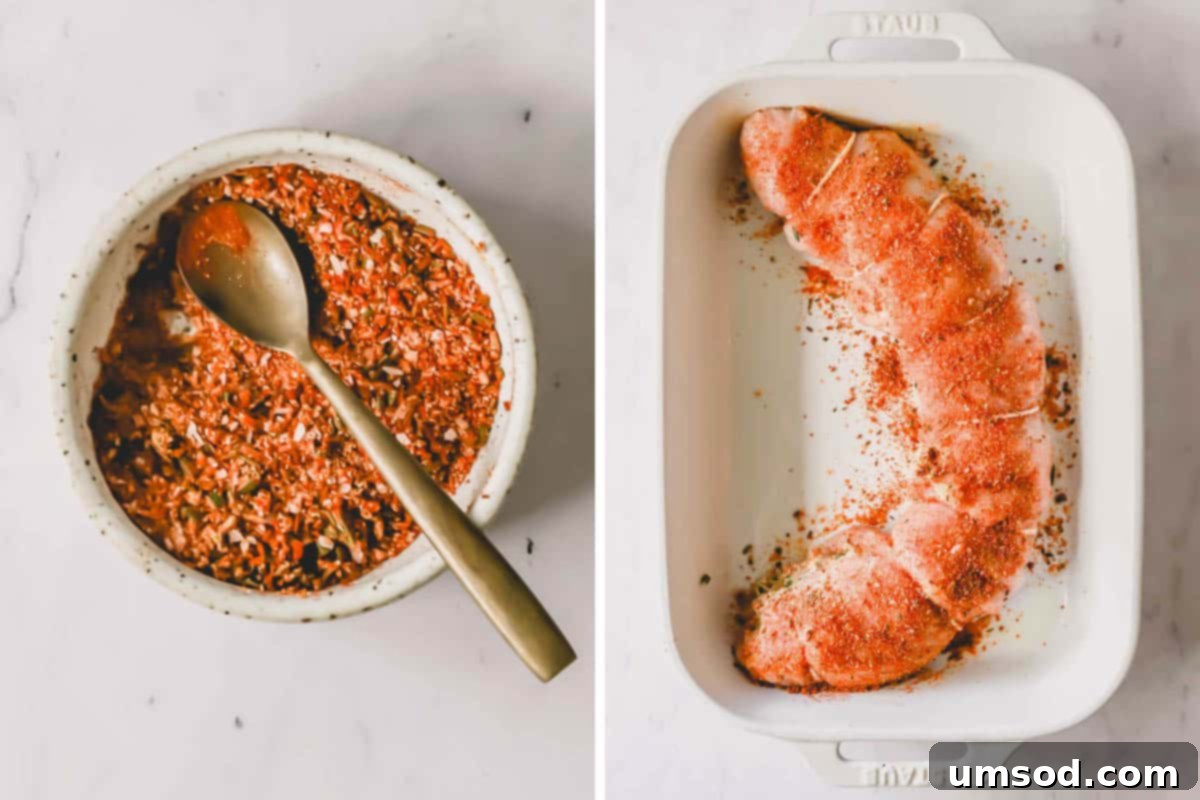 Two images demonstrating a rolled, stuffed turkey breast being seasoned with dry rub and olive oil in a baking dish.