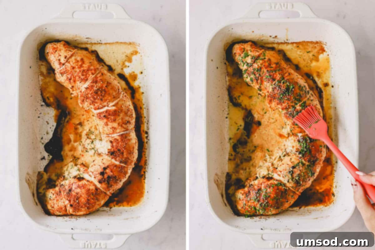 Two images showcasing a freshly baked and rested stuffed turkey breast being brushed with a vibrant herb butter mixture.