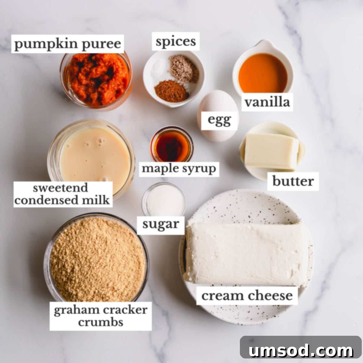 An overhead view of all the essential ingredients laid out for baking delicious pumpkin cheesecake bars.