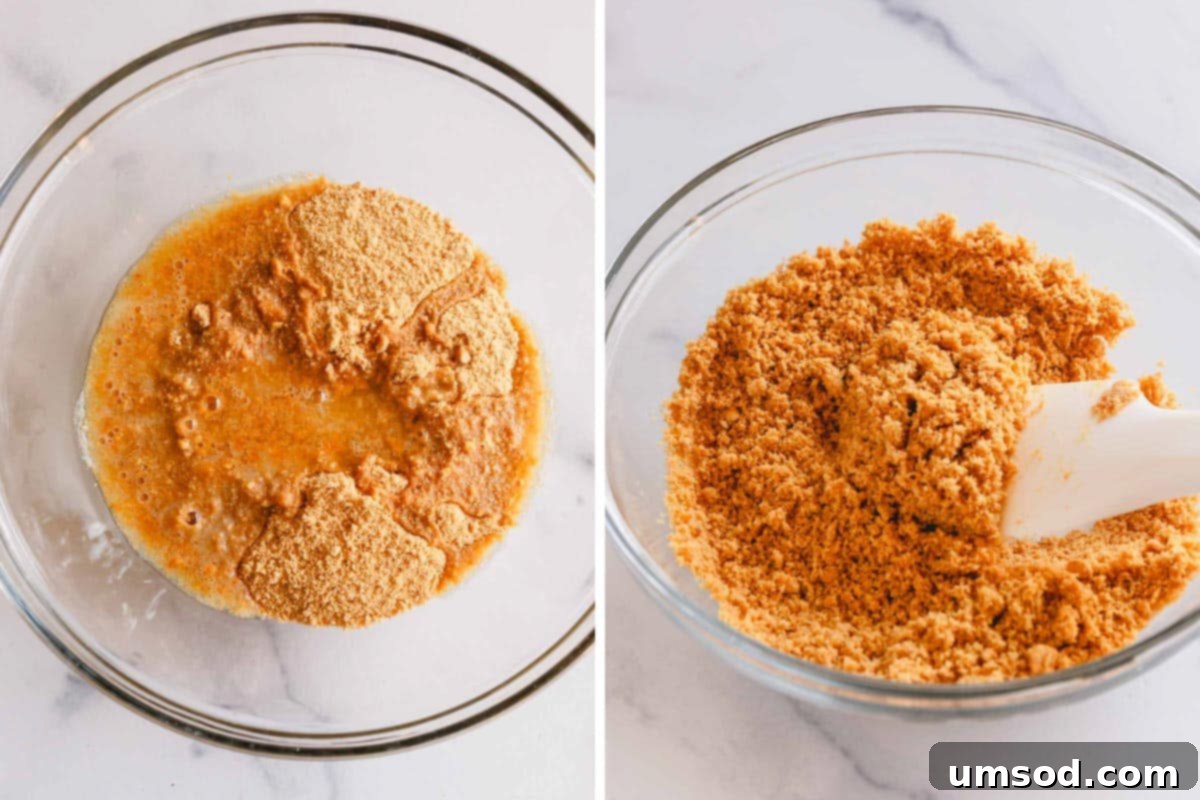 Two sequential images demonstrating the process of mixing graham cracker crumbs with melted butter for the crust.
