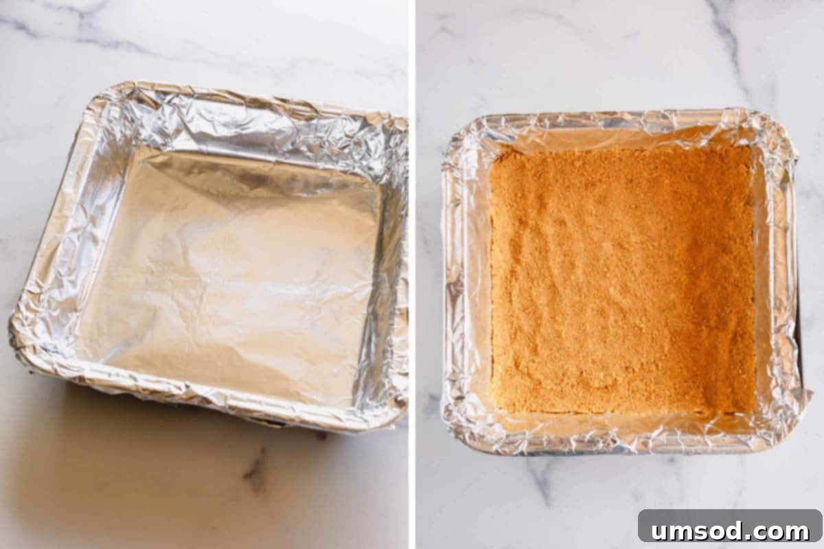 Two images displaying the process of pressing a graham cracker crumb mixture into a baking dish to form a cheesecake crust.
