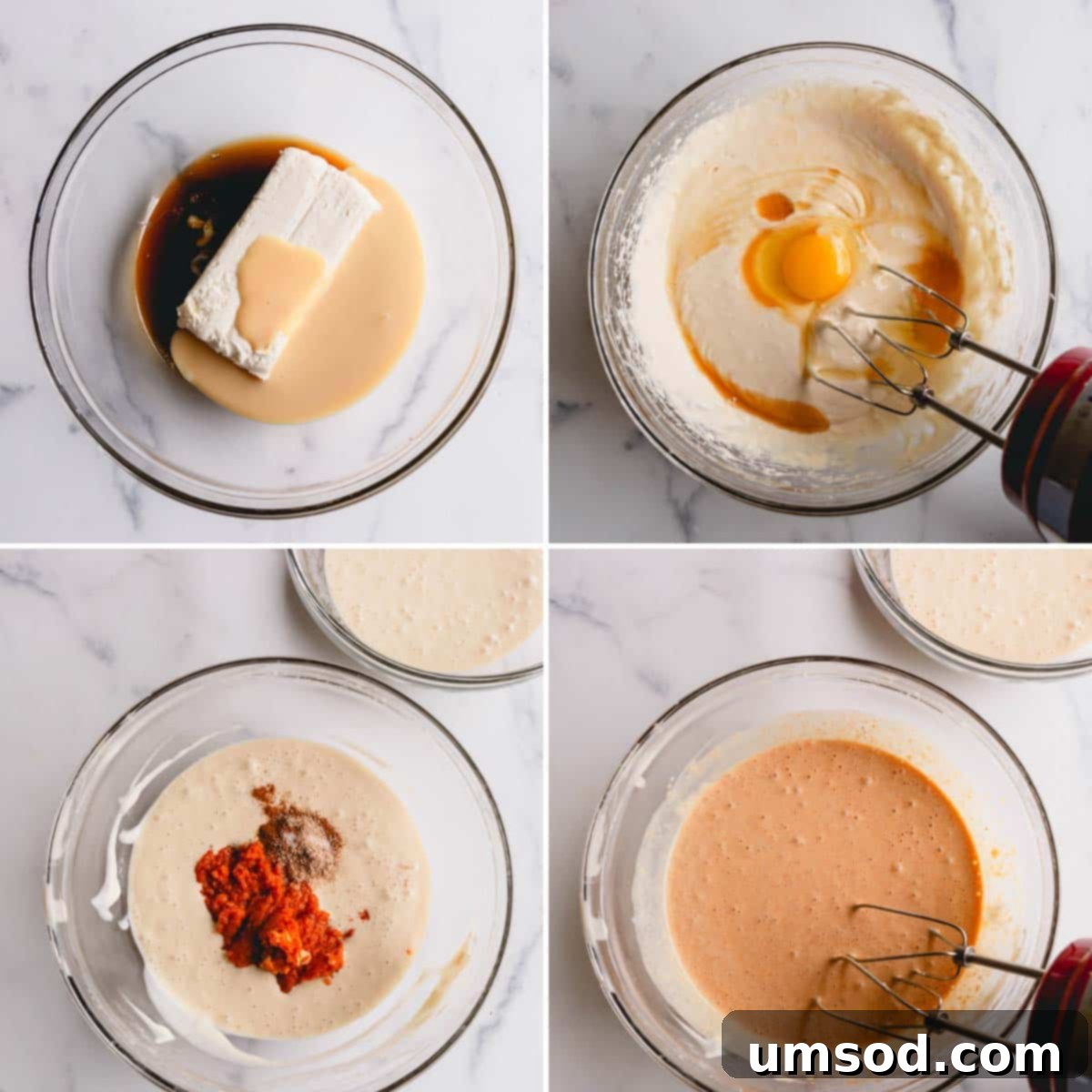 A four-panel image series demonstrating the stages of combining wet ingredients to prepare the pumpkin cheesecake bar filling.