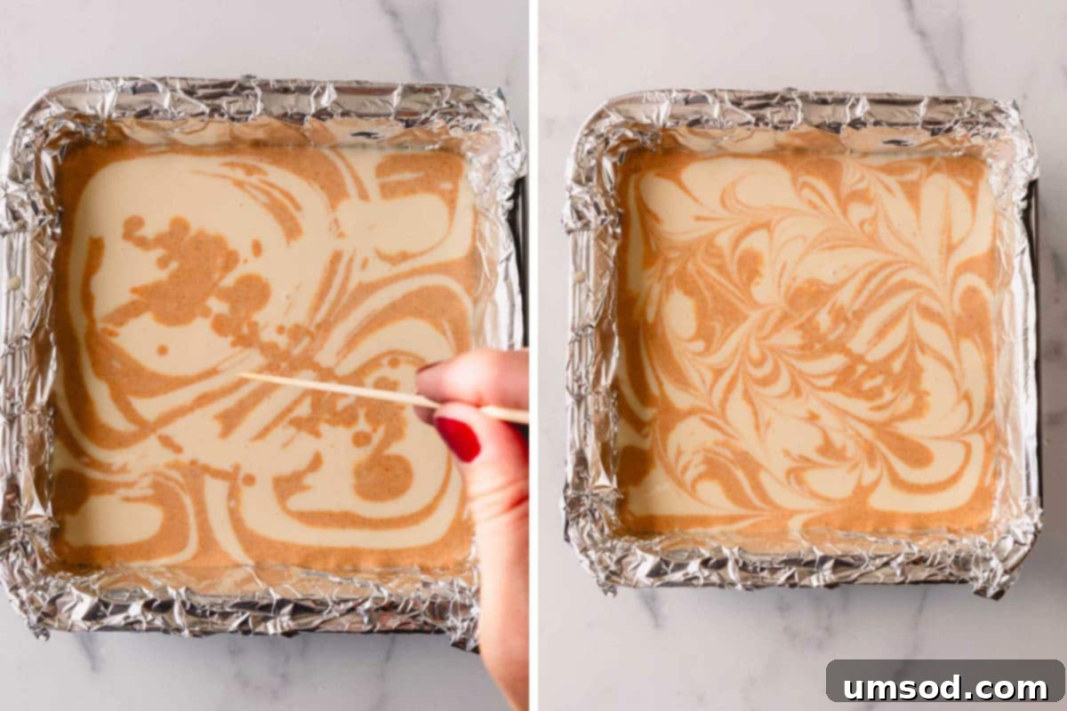 Two images illustrating the swirling technique for combining pumpkin and plain cheesecake batters in a baking pan.