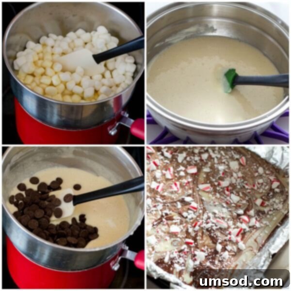 Step-by-step process showing the creation of swirled double chocolate peppermint fudge layers.