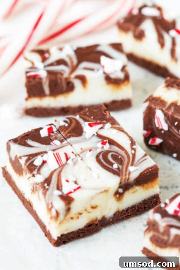 Close-up of freshly made Double Chocolate Peppermint Fudge, showing the swirled layers and crushed candy canes.